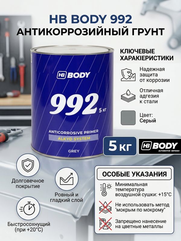 Грунт антикоррозийный 1К BODY 992 (5кг) серый фото №1