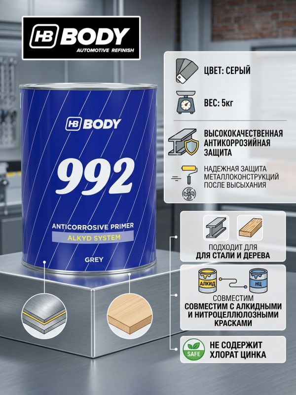 Грунт антикоррозийный 1К BODY 992 (5кг) серый фото №4