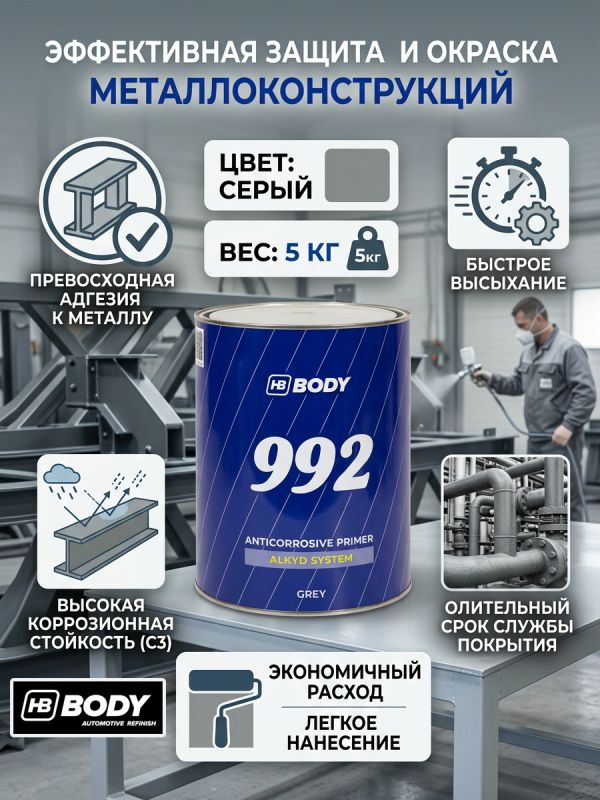 Грунт антикоррозийный 1К BODY 992 (5кг) серый фото №5