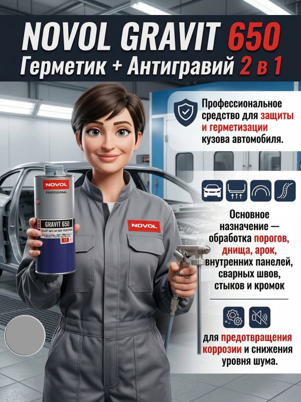 Герметик в евробаллоне Novol Gravit 650 (1л) СЕРЫЙ под UBS пистолет (средство защиты кузова 2в1) фото №1