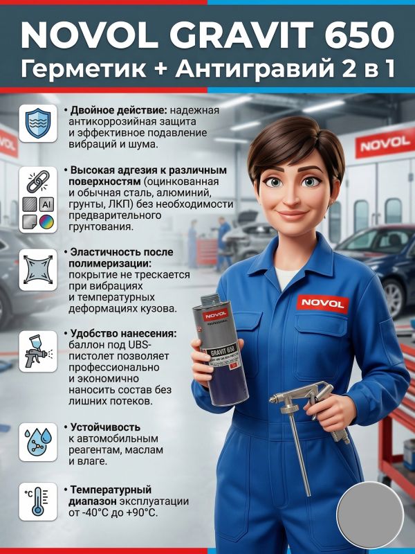 Герметик в евробаллоне Novol Gravit 650 (1л) СЕРЫЙ под UBS пистолет (средство защиты кузова 2в1) фото №4