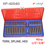 Набор бит Колир КР-40040 1/2"-3/8" TORX, SPLINE, HEX (40пр.) шестигранники, торсы, сплайны, мет.кейс фото №1