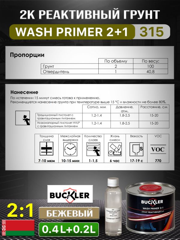 Грунт реактивный 2К Buckler HS315 2:1 (0,4л+0,2л) бежевый Wash Primer с отвердителем 815 фото №3