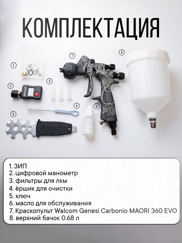 Краскопульт Walcom Genesi Carbonio MAORI 360 EVO HALO/HTE Clear (1.4мм) для лака с верхним бачком фото №3