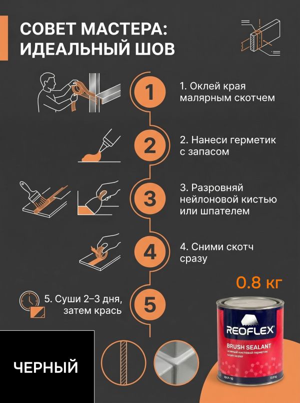 Герметик шовный под кисть Reoflex Brush Sealant (0,8кг) черный кузовной в банке, каучуковый фото №6