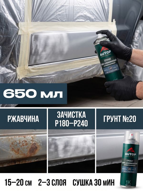 Грунт-спрей AUTOP №20 цинк-алюминиевый (650мл) антикоррозийный, сварочный, аэрозоль фото №1