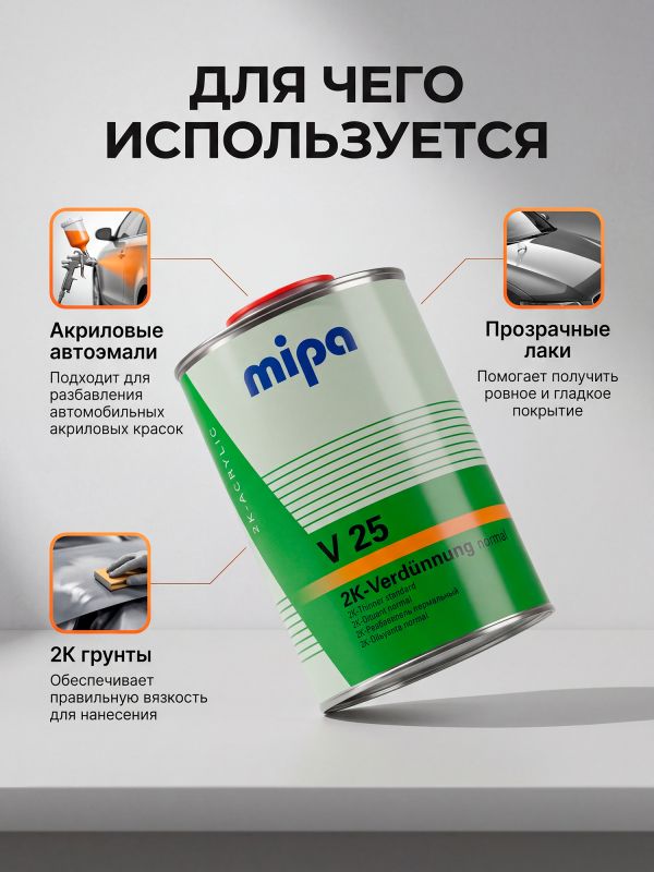 Разбавитель Mipa АС V25 (1л) normal акриловый 2K-Verdunnung для грунта и лака фото №1