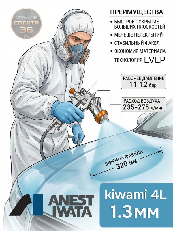 Краскопульт Anest Iwata Kiwami 4L LVX+ (1.3мм) без бачка (разрезное сопло, 1.1бар, 235л/мин) фото №5