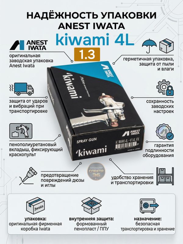 Краскопульт Anest Iwata Kiwami 4L LVX+ (1.3мм) без бачка (разрезное сопло, 1.1бар, 235л/мин) фото №6