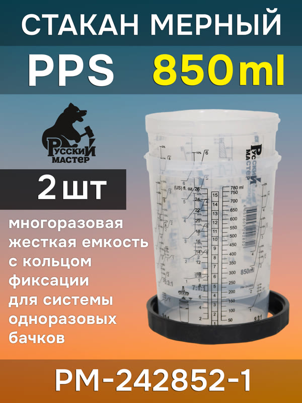 Стакан мерный многоразовый PPS (850мл) Русский Мастер с фиксирующим кольцом РМ-242852-1 (850S) фото №1