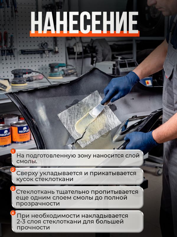 Смесь полиэфирная Reoflex (0,25кг+15г+0,25м2) для ремонта сквозной коррозии металла фото №5