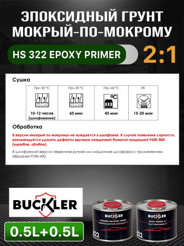 Грунт эпоксидный 2К Buckler HS322 2:1 (0,5л+0,25л) темно-серый комплект с отвердителем 822 фото №4