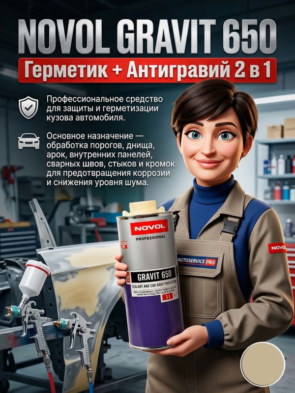 Герметик в евробаллоне Novol Gravit 650 (1л) БЕЖЕВЫЙ под UBS пистолет (средство защиты кузова 2в1) фото №1
