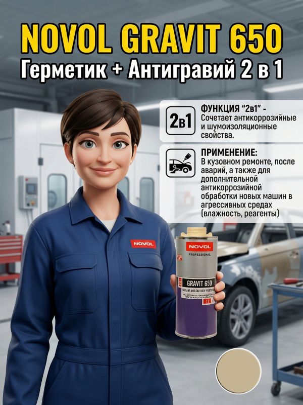 Герметик в евробаллоне Novol Gravit 650 (1л) БЕЖЕВЫЙ под UBS пистолет (средство защиты кузова 2в1) фото №2