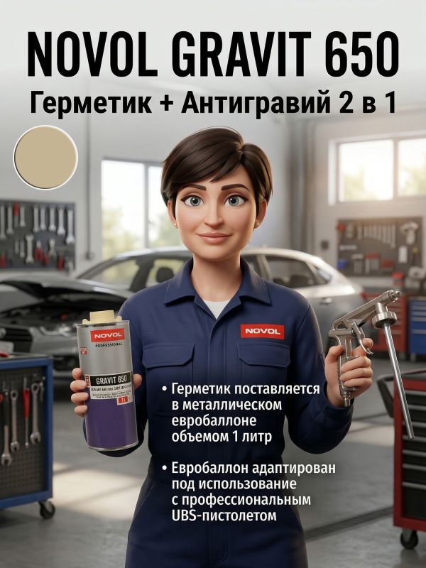 Герметик в евробаллоне Novol Gravit 650 (1л) БЕЖЕВЫЙ под UBS пистолет (средство защиты кузова 2в1) фото №3