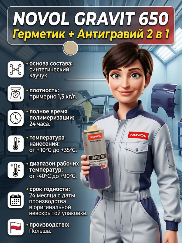 Герметик в евробаллоне Novol Gravit 650 (1л) БЕЖЕВЫЙ под UBS пистолет (средство защиты кузова 2в1) фото №6