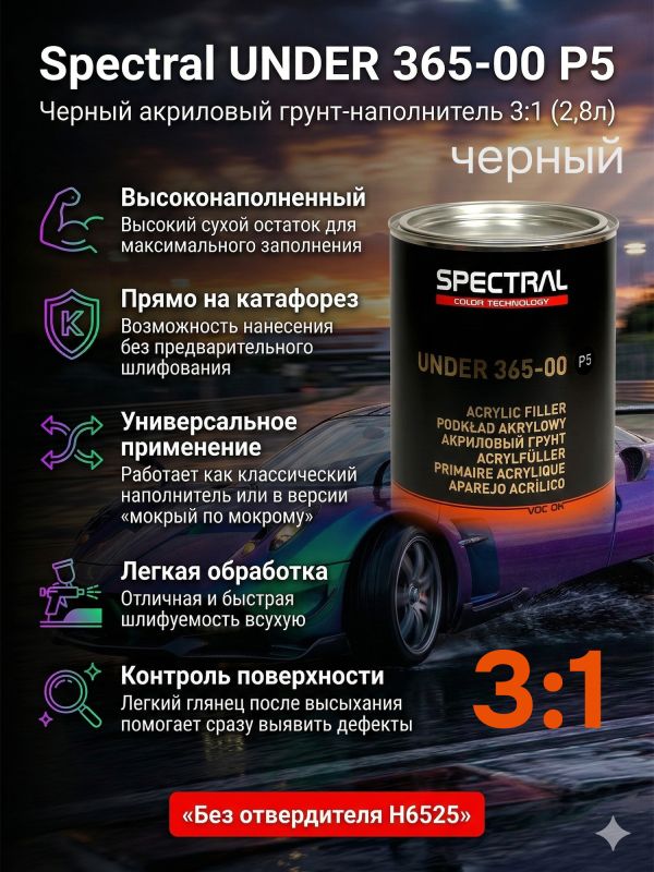 Грунт-наполнитель 2К Spectral UNDER 365-00 P5 3:1 (2,8л) черный (без отвердителя H6525) быстрый фото №3