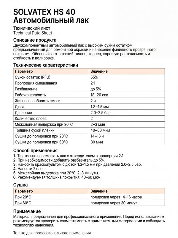 Лак Solvatex 40 HS Clearcoat (1л+0.5л) КОМПЛЕКТ прозрачный глянцевый с отвердителем 21-20 фото №6