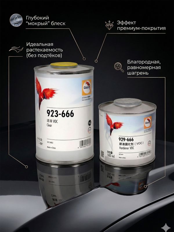 Лак Glasurit 923-666 HS 2:1 (1л+0.5л) КОМПЛЕКТ с отвердителем 929-666 фото №4