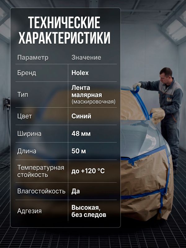 Скотч малярный Holex 48мм x 50м СИНИЙ влаготермостойкий 120С фото №3