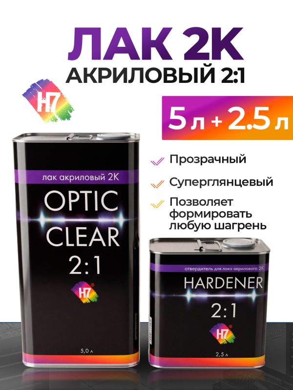 Лак H7 Optic clear 2+1 (5л+2.5л) комплект с отвердителем (2К глянцевый бесцветный) автомобильный